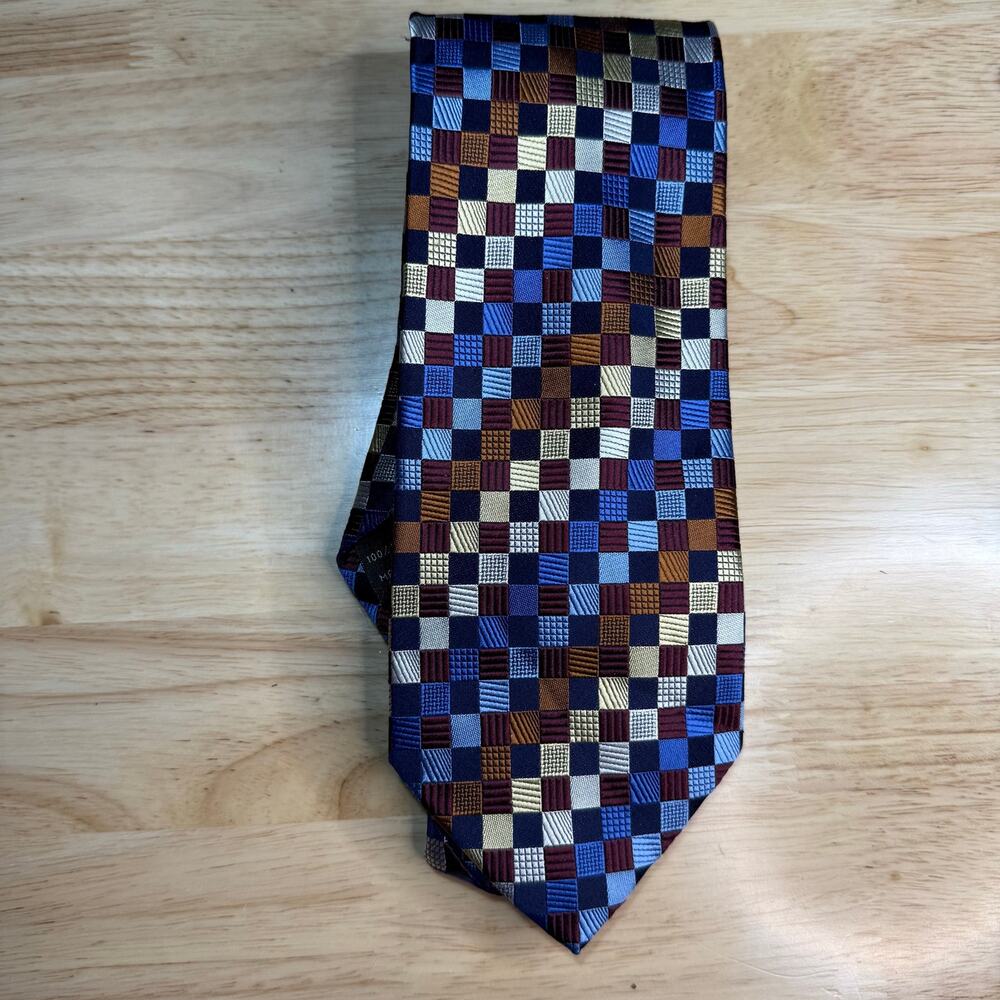 Jos A Bank Two Men's Silk Neck Tie Multicolor Squares 60L 3.75W